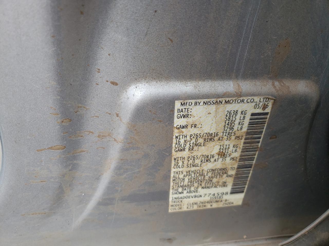Photo 10 from auction – 2016 NISSAN FRONTIER S with VIN 1N6AD0EV8GN774598