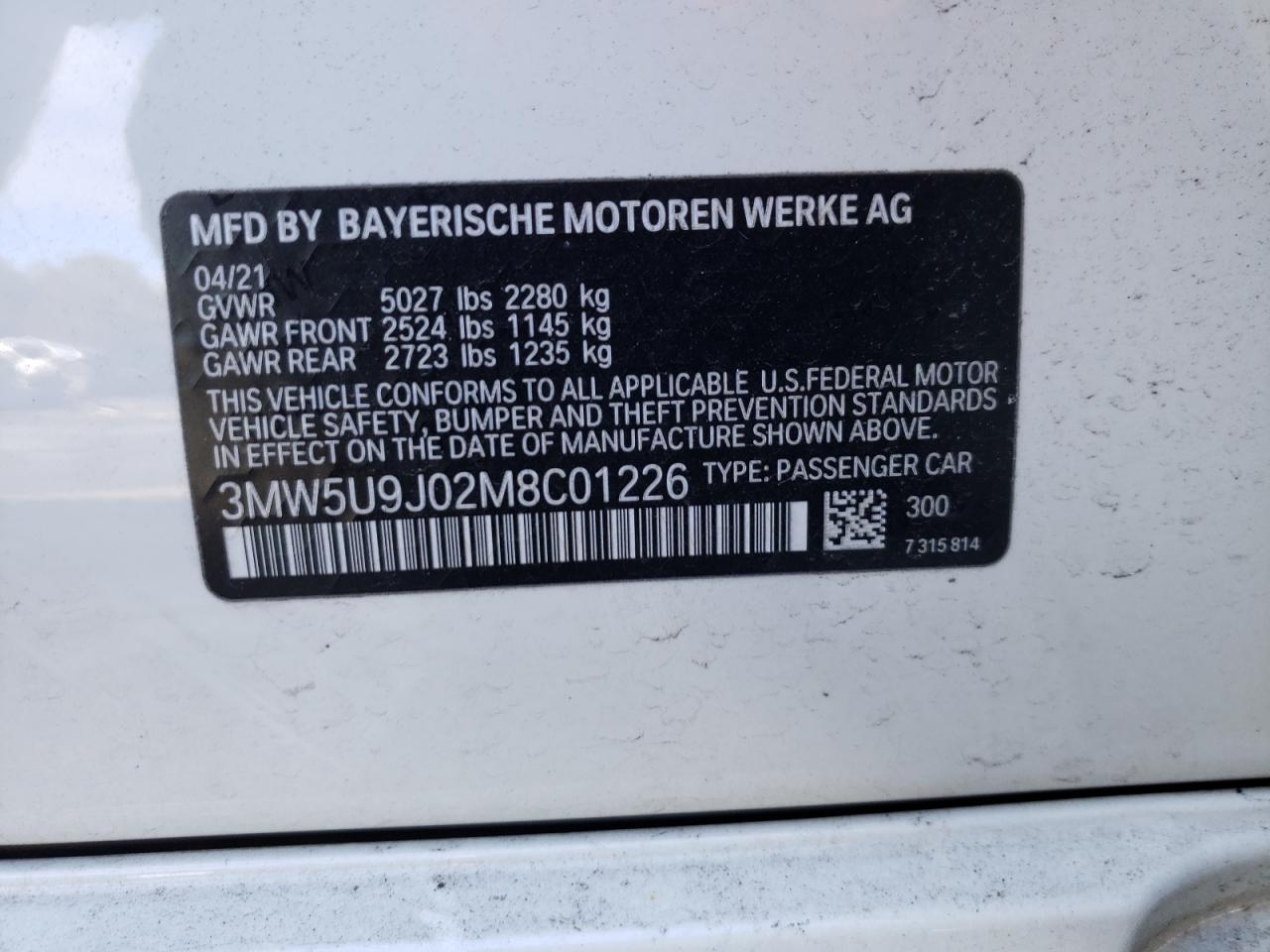 Photo 10 from auction – 2021 BMW M340XI with VIN 3MW5U9J02M8C01226