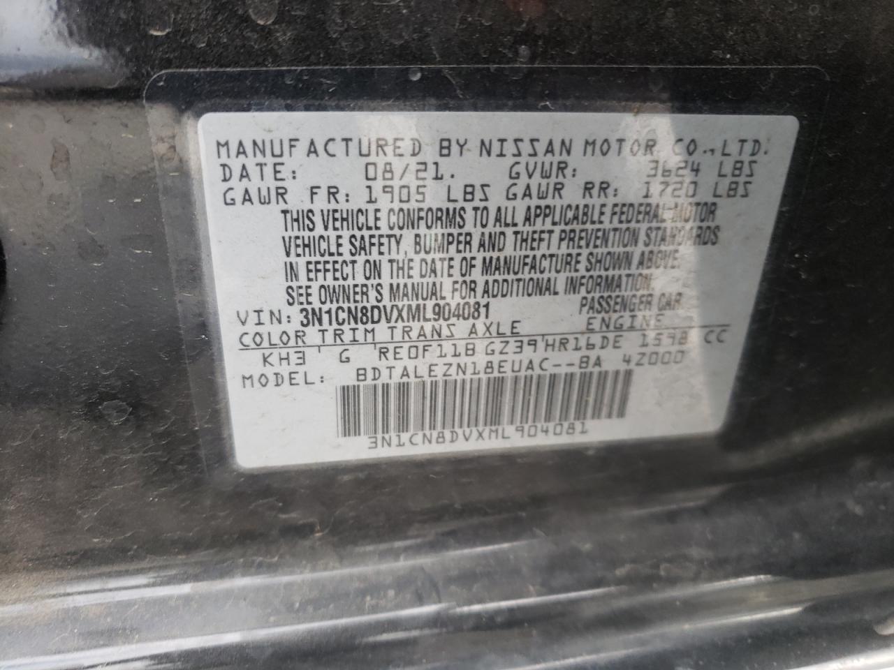 Photo 10 from auction – 2021 NISSAN VERSA S with VIN 3N1CN8DVXML904081