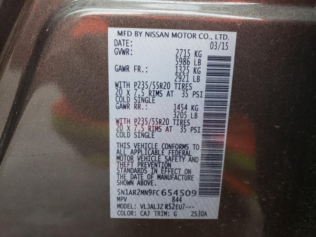 Photo 10 from auction – 2015 NISSAN PATHFINDER with VIN 5N1AR2MN9FC654509