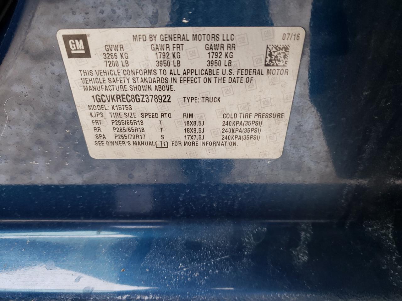 Photo 10 from auction – 2016 CHEVROLET SILVERADO with VIN 1GCVKREC8GZ378922
