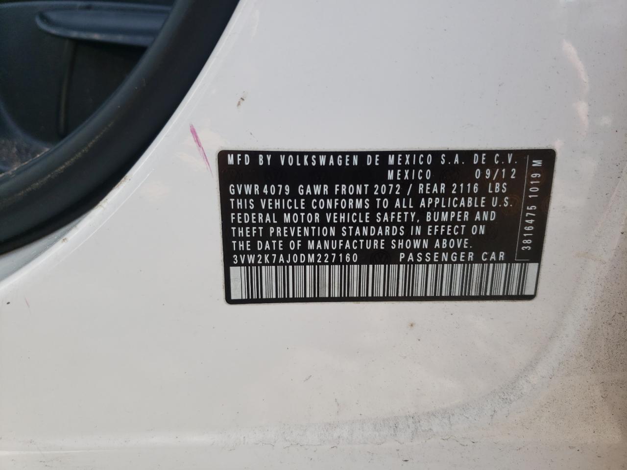 Photo 10 from auction – 2013 VOLKSWAGEN JETTA BASE with VIN 3VW2K7AJ0DM227160