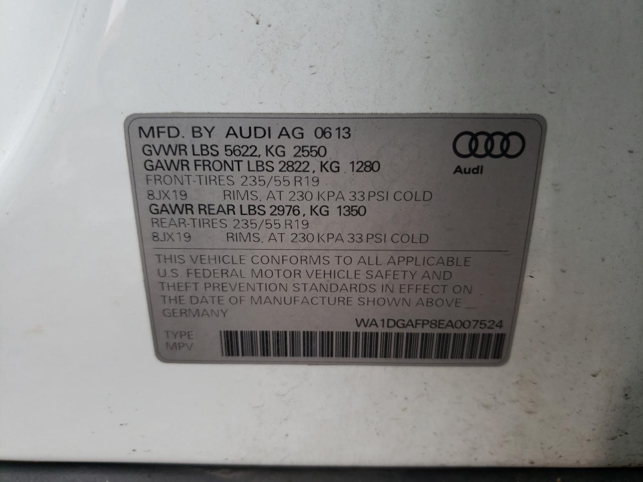 Photo 10 from auction – 2014 AUDI Q5 PREMIUM with VIN WA1DGAFP8EA007524