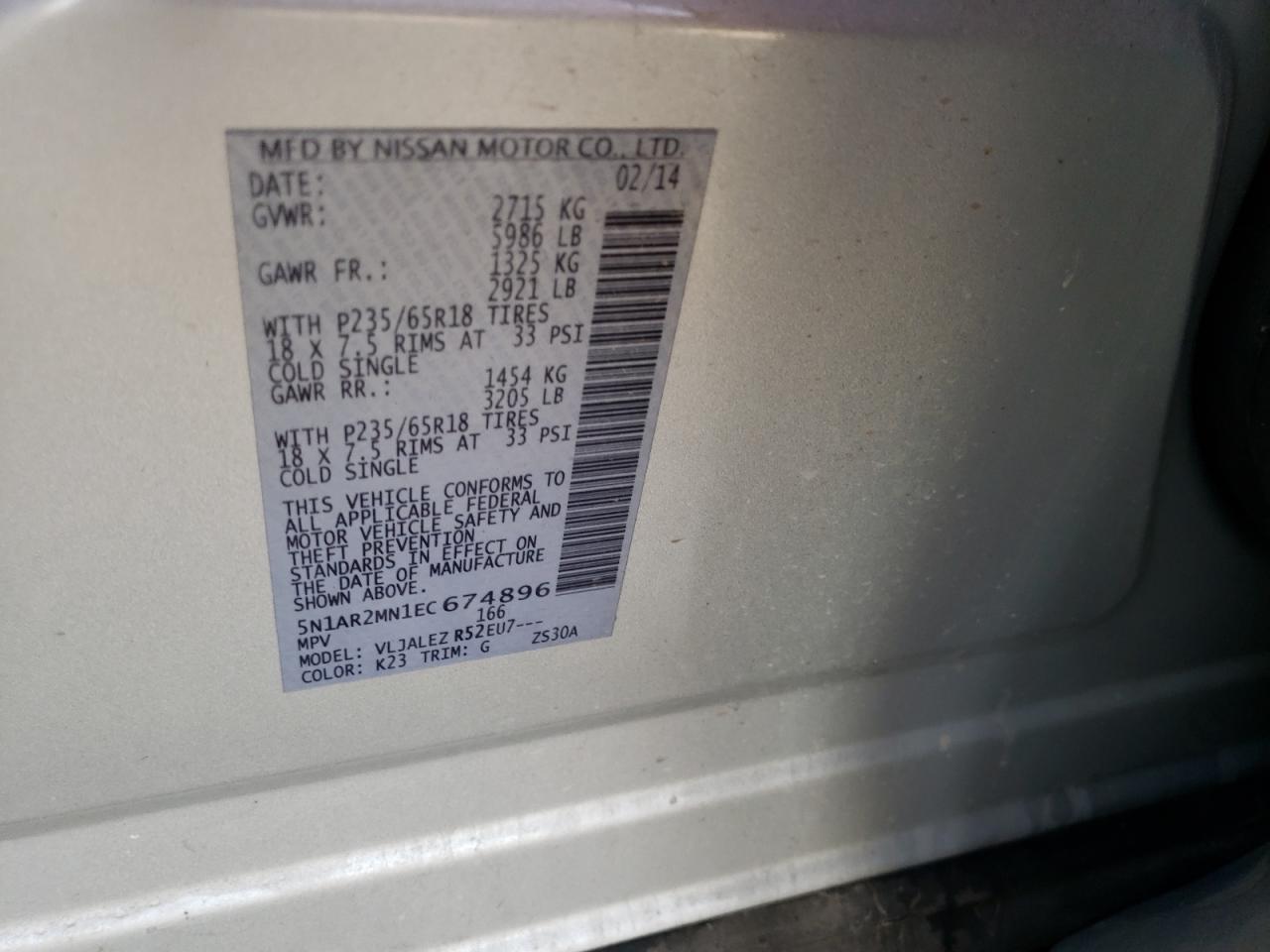 Photo 10 from auction – 2014 NISSAN PATHFINDER with VIN 5N1AR2MN1EC674896
