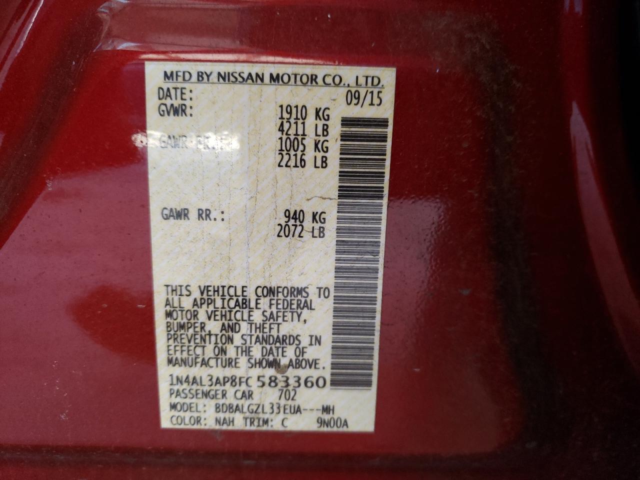 Photo 10 from auction – 2015 NISSAN ALTIMA 2.5 with VIN 1N4AL3AP8FC583360
