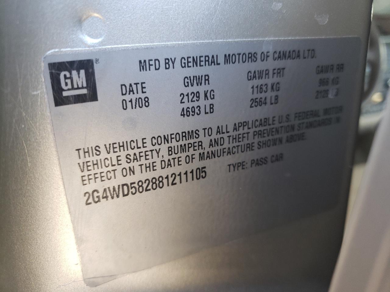 Photo 10 from auction – 2008 BUICK LACROSSE C with VIN 2G4WD582881211105