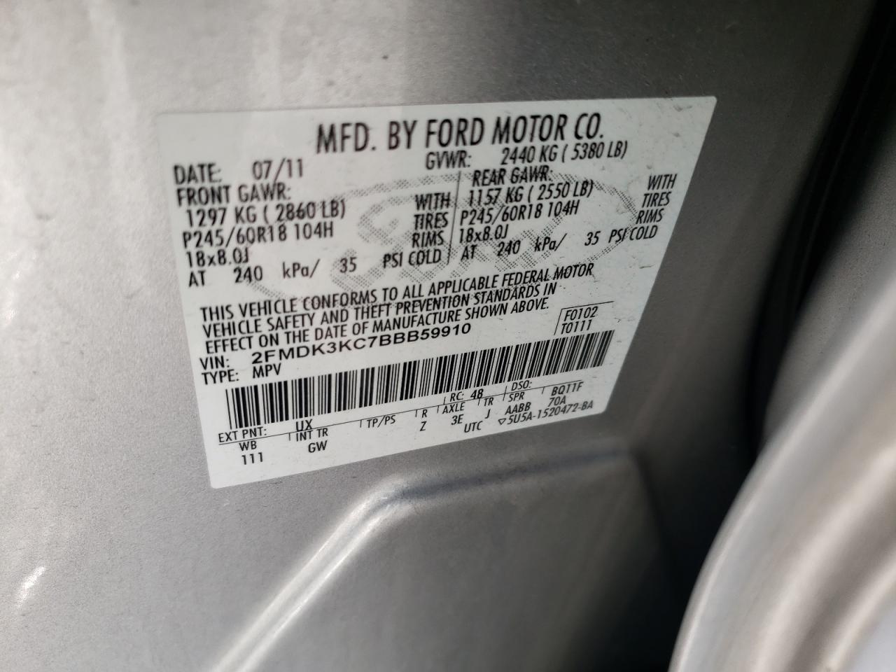 Photo 10 from auction – 2011 FORD EDGE LIMIT with VIN 2FMDK3KC7BBB59910