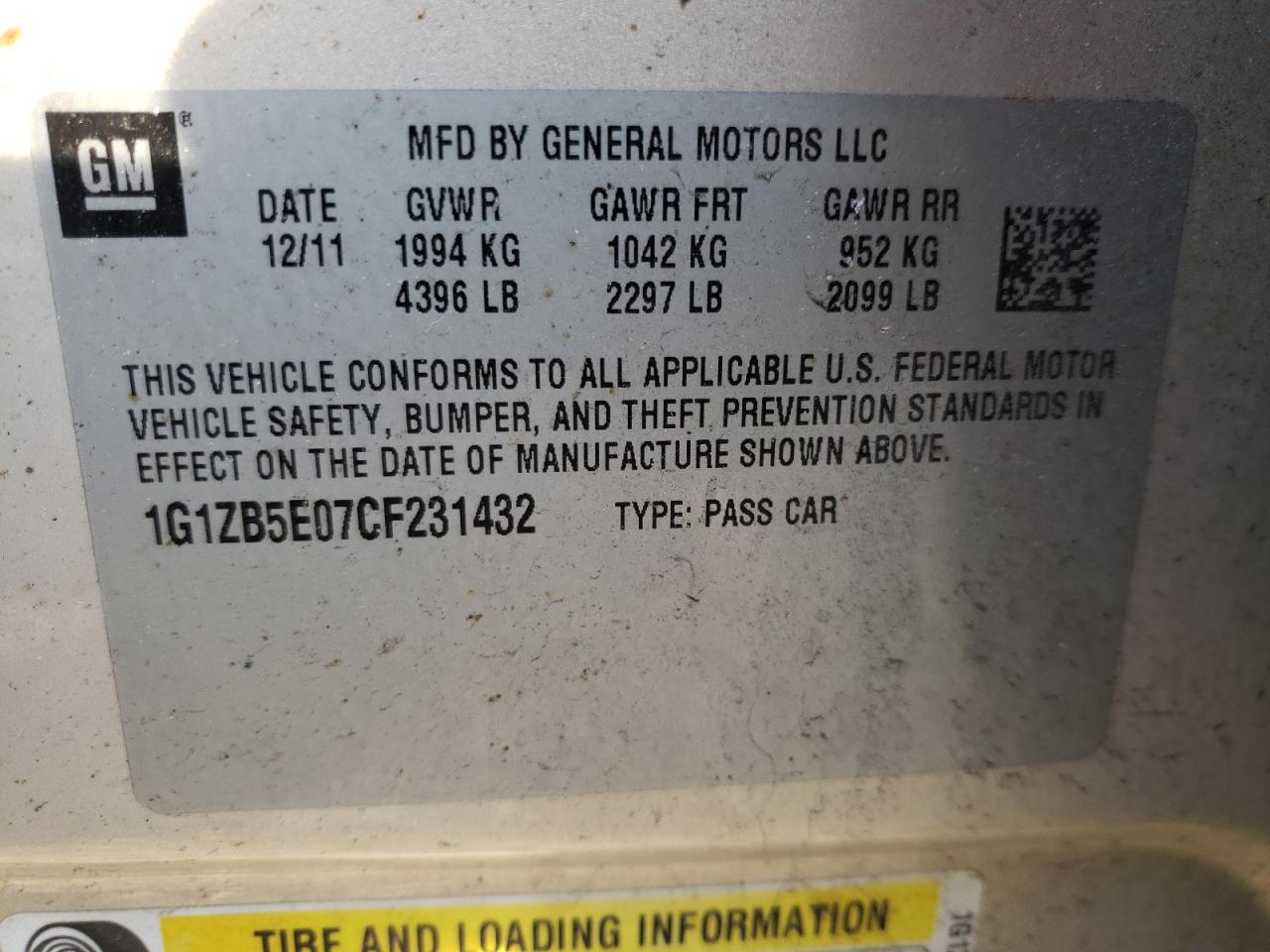Photo 10 from auction – 2012 CHEVROLET MALIBU LS with VIN 1G1ZB5E07CF231432