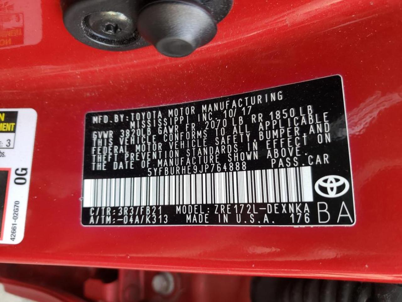 Photo 10 from auction – 2018 TOYOTA COROLLA L with VIN 5YFBURHE9JP764888