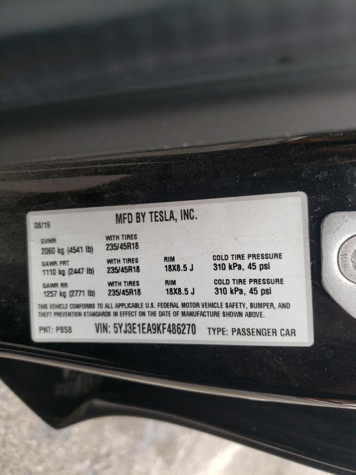 Photo 10 from auction – 2019 TESLA MODEL 3 with VIN 5YJ3E1EA9KF486270