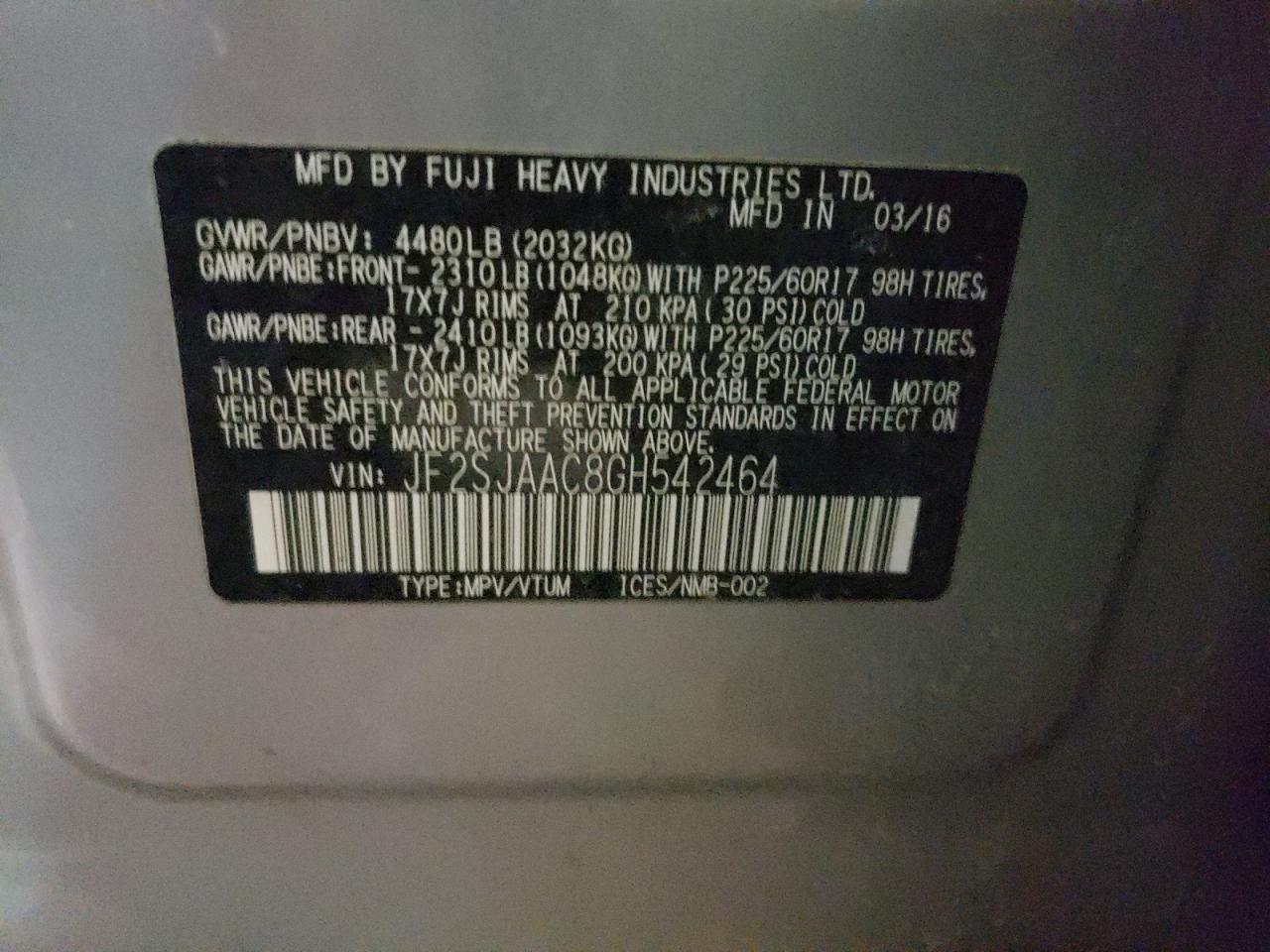 Photo 10 from auction – 2016 SUBARU FORESTER 2 with VIN JF2SJAAC8GH542464