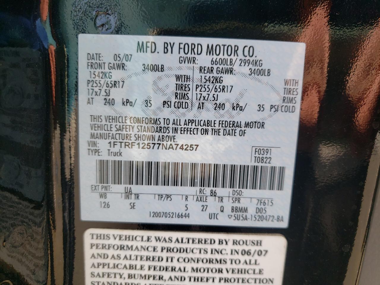 Photo 10 from auction – 2007 FORD F150 with VIN 1FTRF12577NA74257