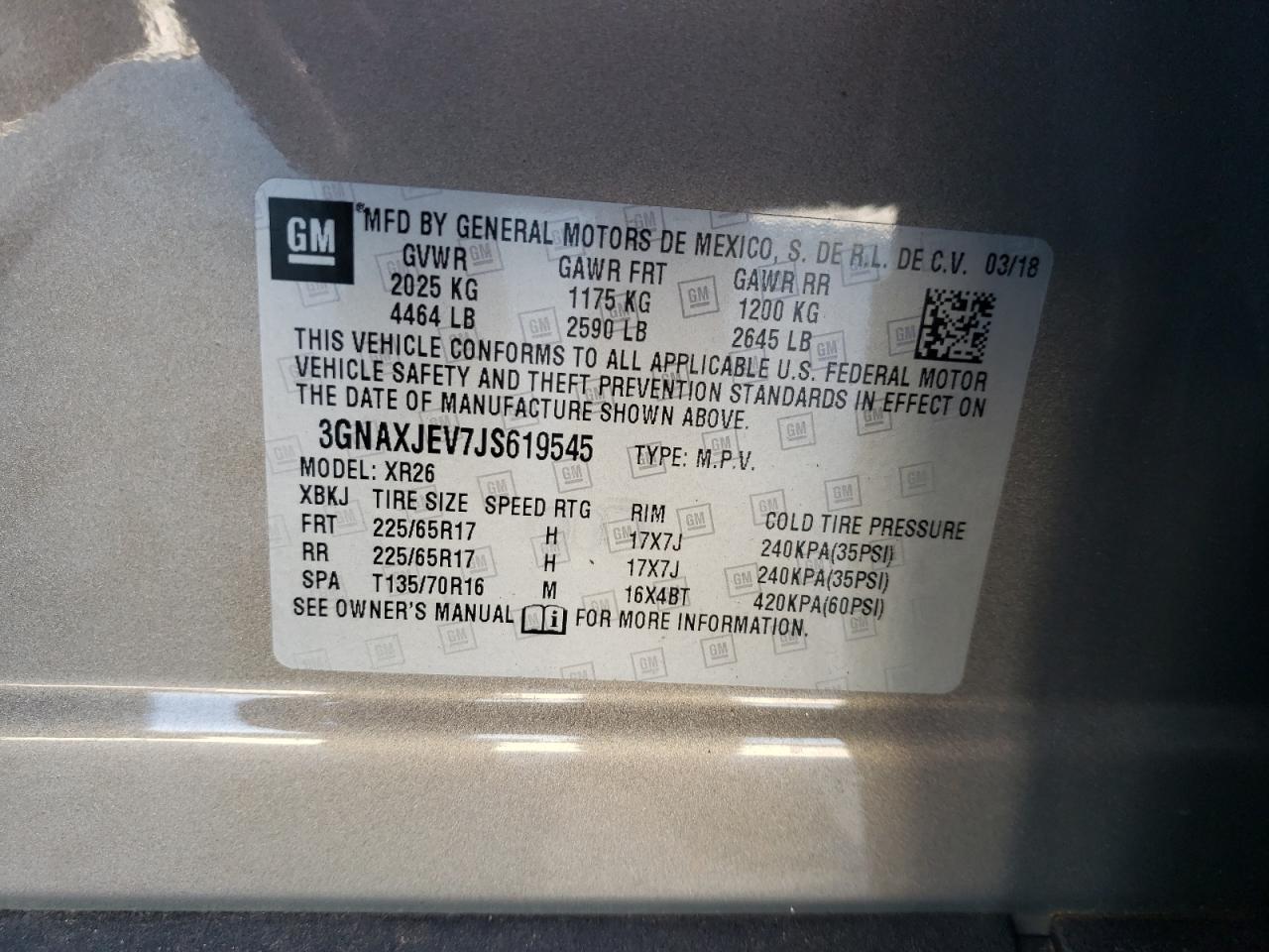 Photo 10 from auction – 2018 CHEVROLET EQUINOX LT with VIN 3GNAXJEV7JS619545