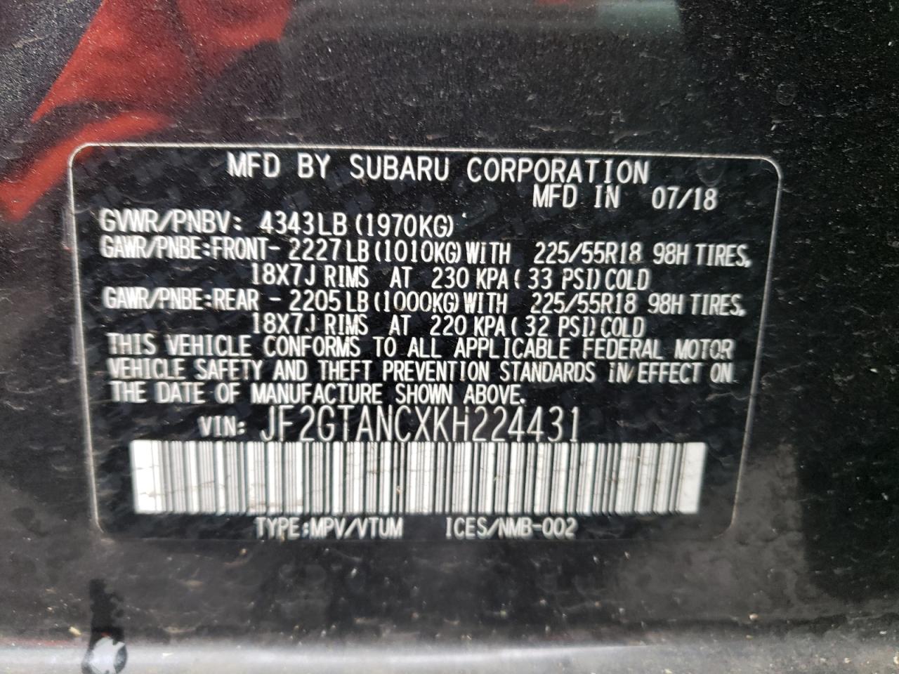 Photo 10 from auction – 2019 SUBARU CROSSTREK with VIN JF2GTANCXKH224431
