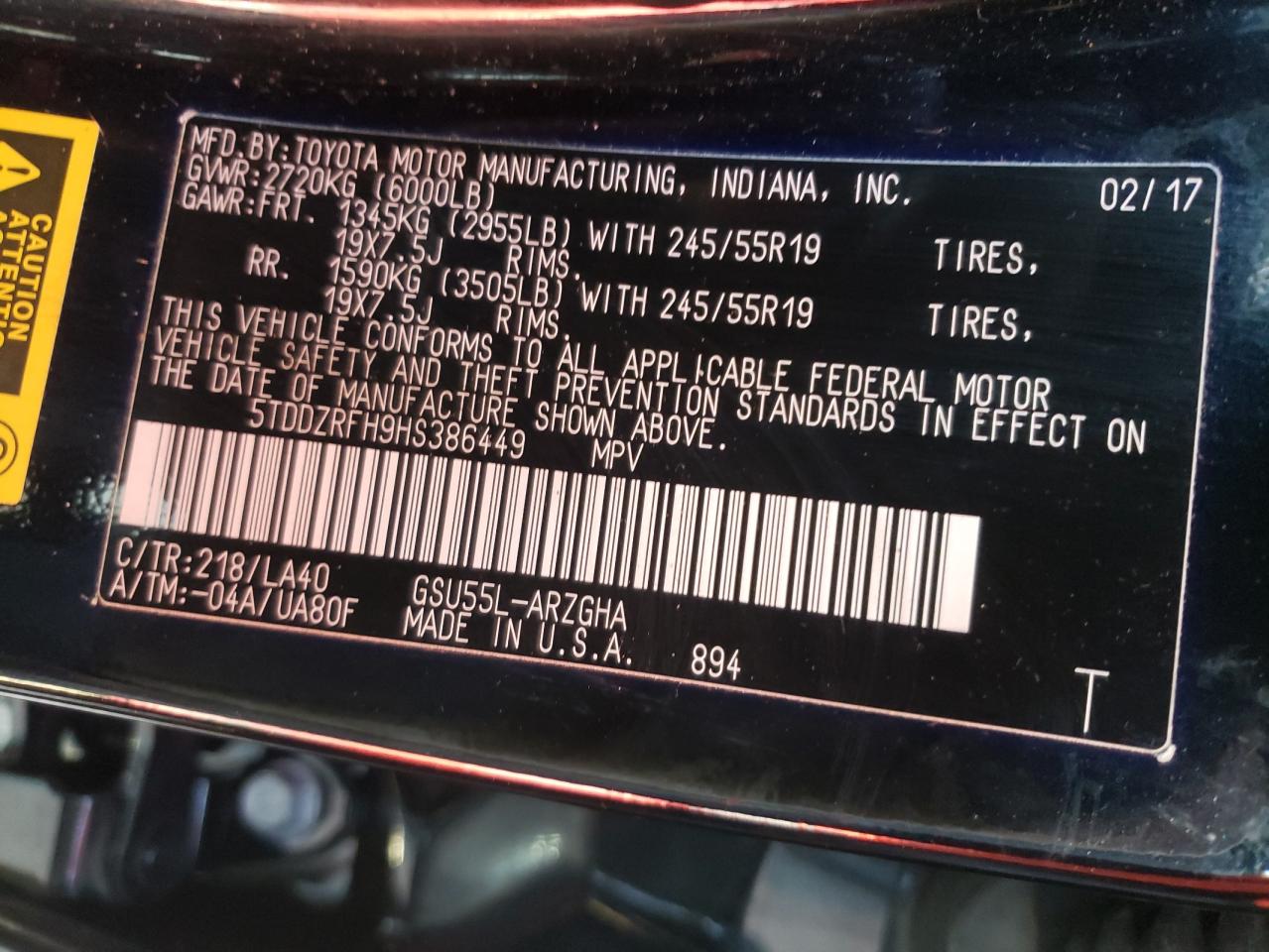 Photo 10 from auction – 2017 TOYOTA HIGHLANDER with VIN 5TDDZRFH9HS386449