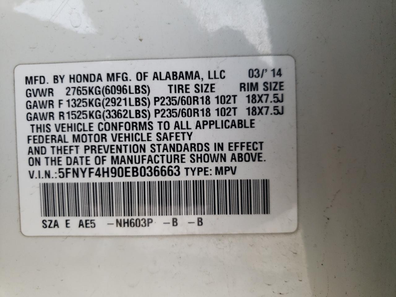 Photo 10 from auction – 2014 HONDA PILOT TOUR with VIN 5FNYF4H90EB036663