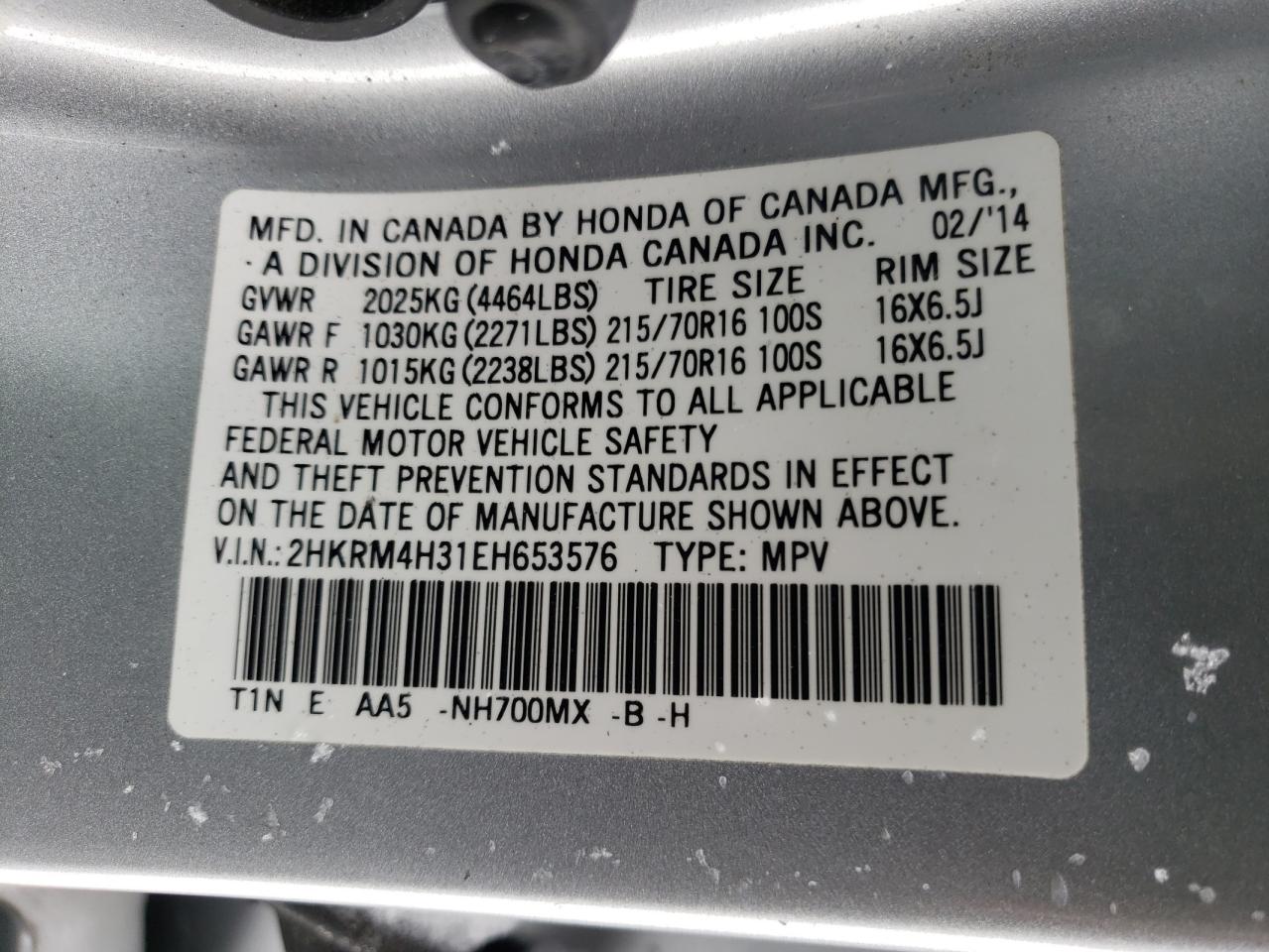 Photo 10 from auction – 2014 HONDA CR-V LX with VIN 2HKRM4H31EH653576