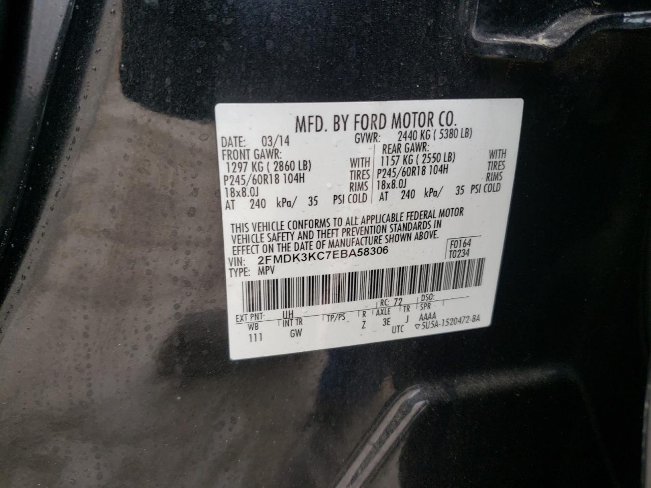 Photo 10 from auction – 2014 FORD EDGE LIMIT with VIN 2FMDK3KC7EBA58306