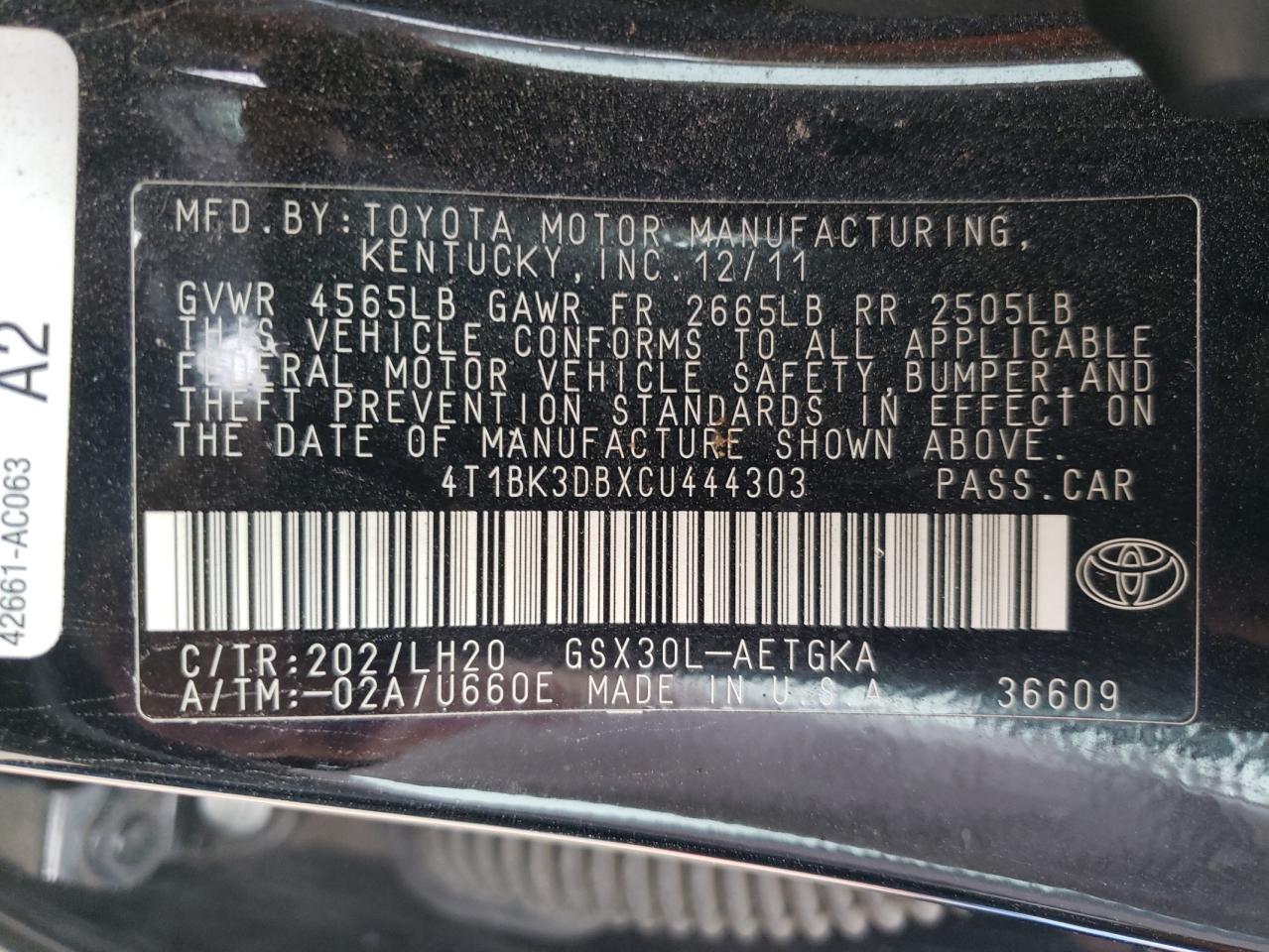 Photo 10 from auction – 2012 TOYOTA AVALON BAS with VIN 4T1BK3DBXCU444303