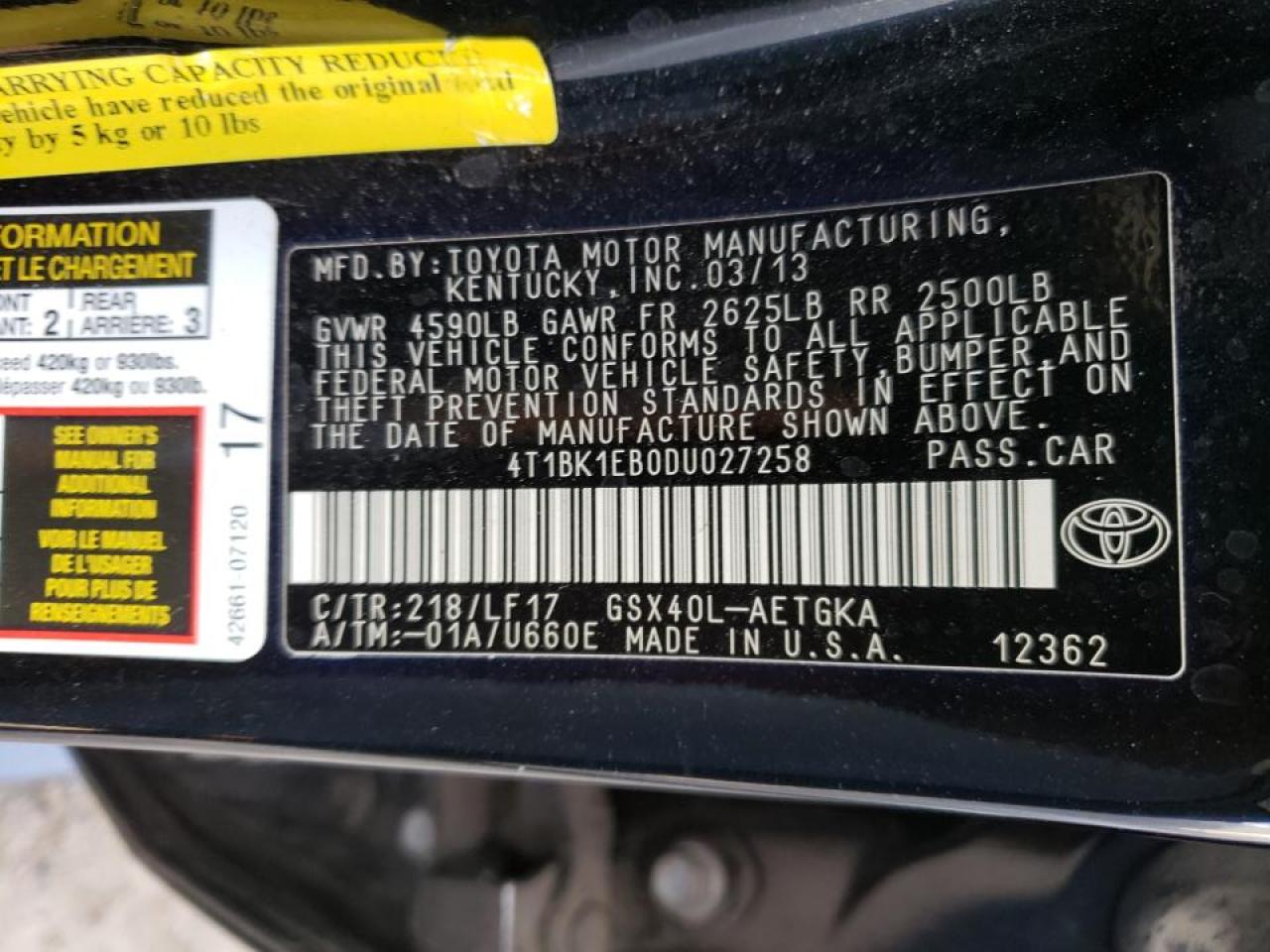 Photo 10 from auction – 2013 TOYOTA AVALON BAS with VIN 4T1BK1EB0DU027258