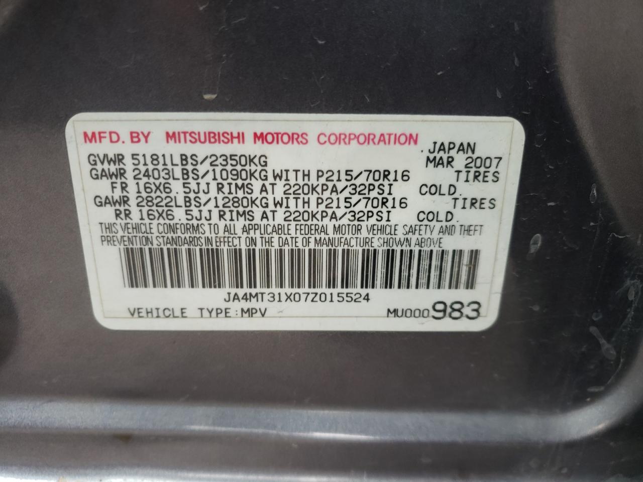 Photo 10 from auction – 2007 MITSUBISHI OUTLANDER with VIN JA4MT31X07Z015524