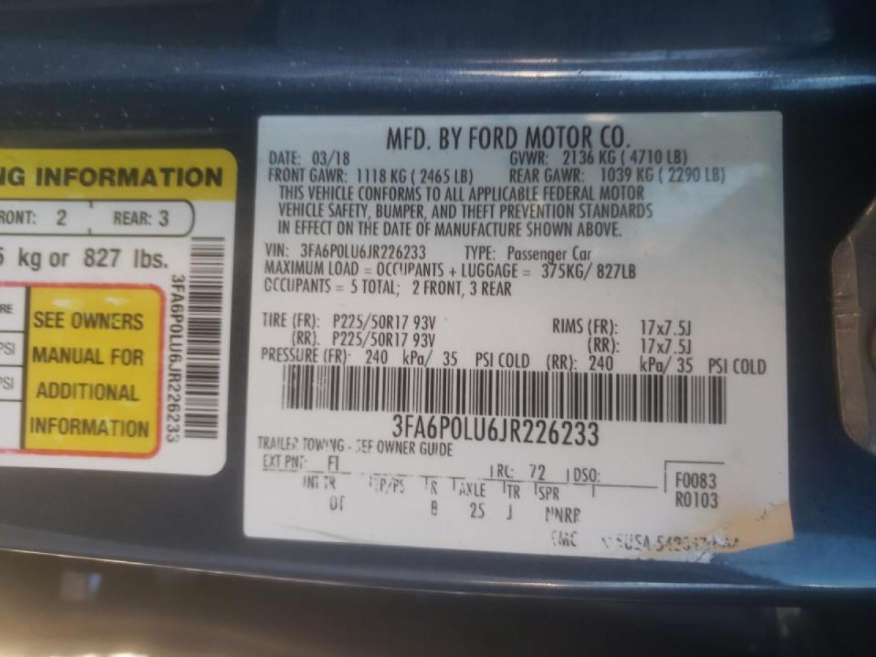 Photo 10 from auction – 2018 FORD FUSION SE with VIN 3FA6P0LU6JR226233