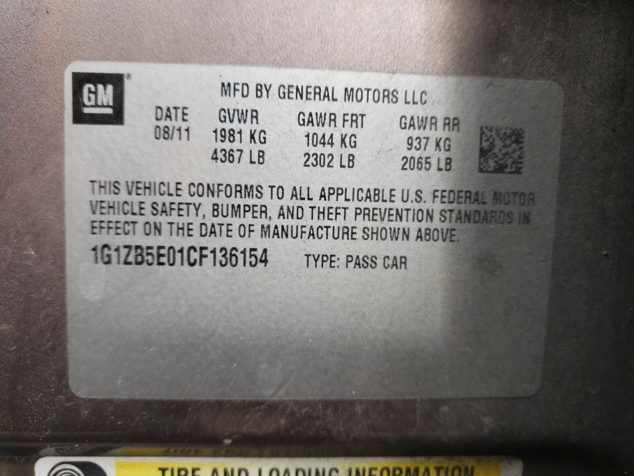 Photo 10 from auction – 2012 CHEVROLET MALIBU LS with VIN 1G1ZB5E01CF136154