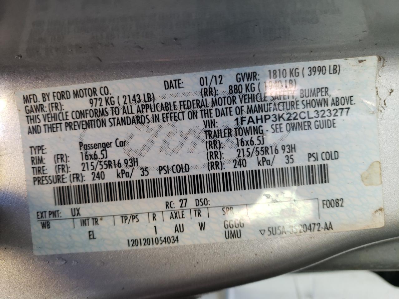 Photo 10 from auction – 2012 FORD FOCUS SE with VIN 1FAHP3K22CL323277