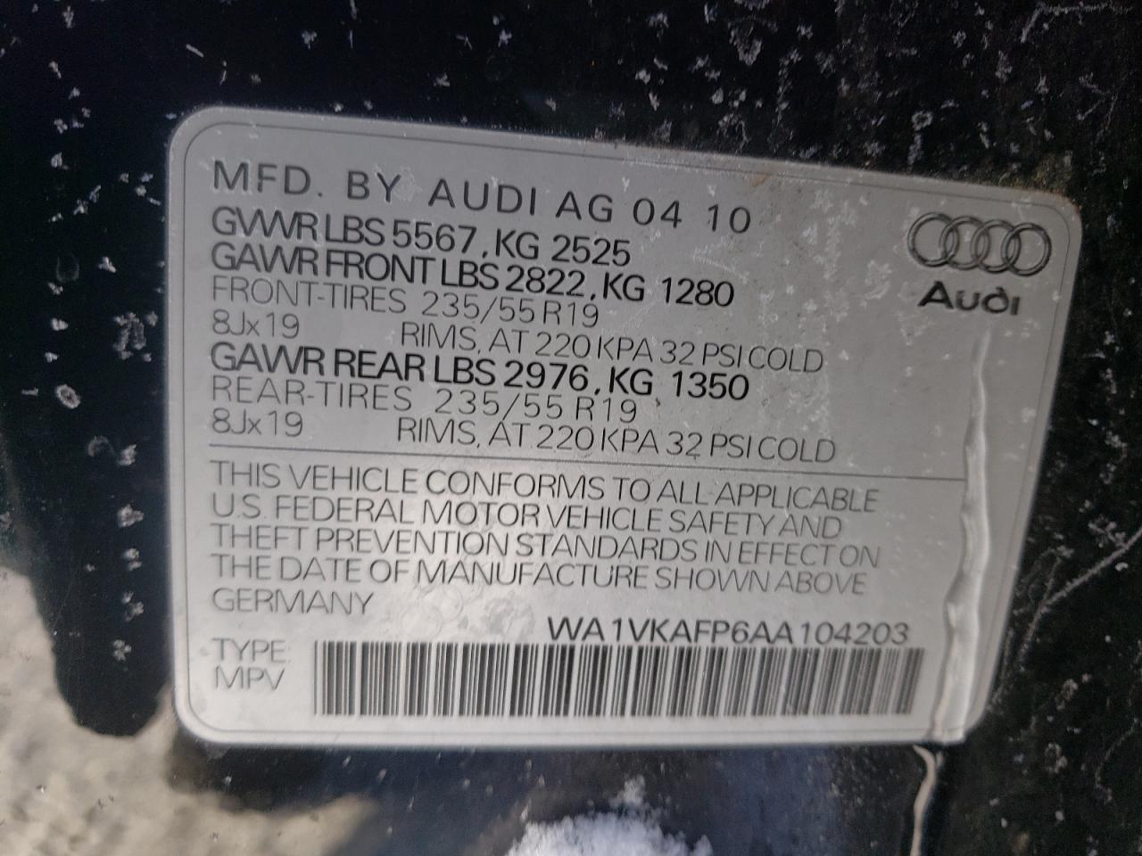 Photo 10 from auction – 2010 AUDI Q5 PRESTIG with VIN WA1VKAFP6AA104203