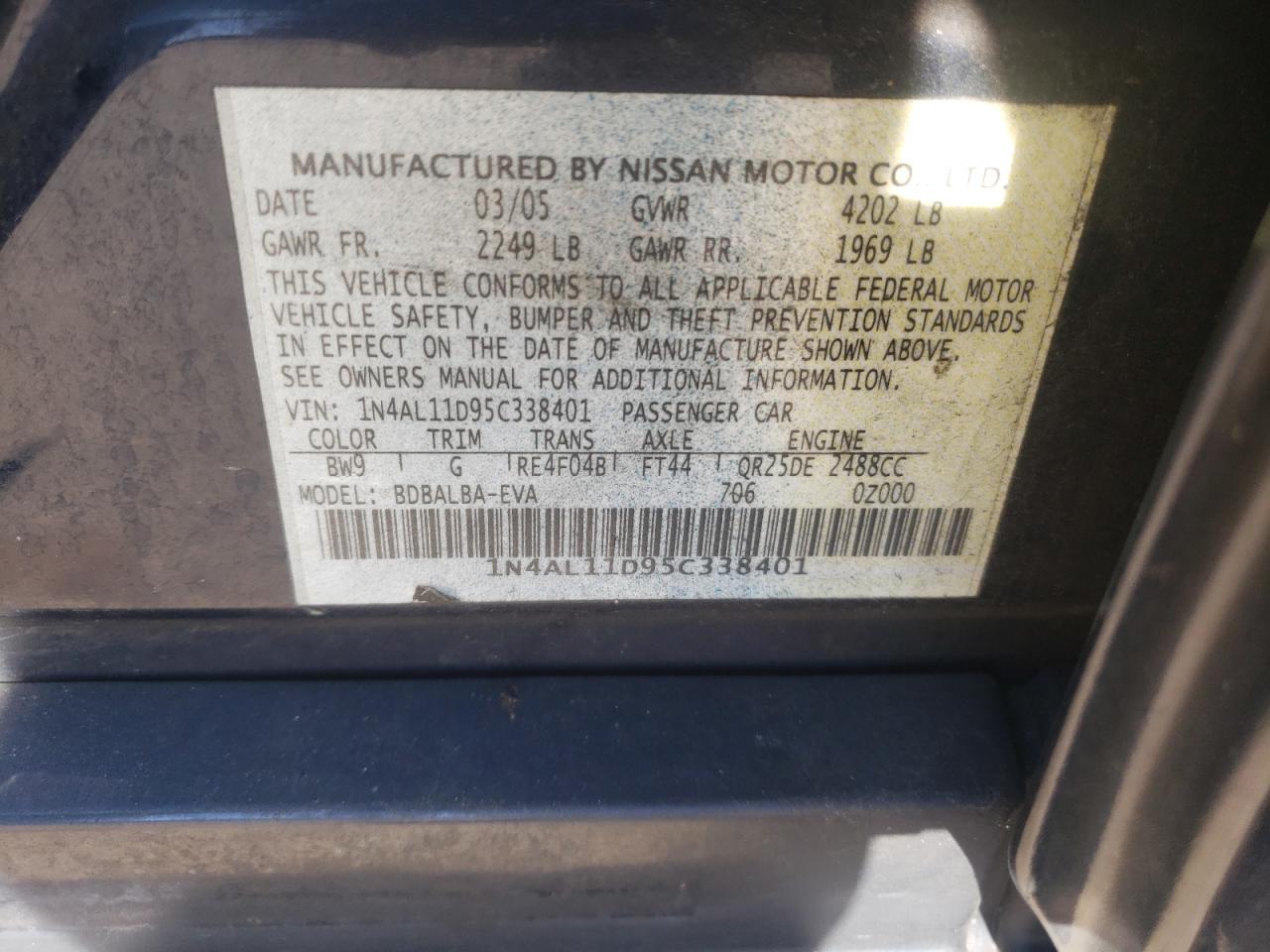 Photo 10 from auction – 2005 NISSAN ALTIMA S with VIN 1N4AL11D95C338401