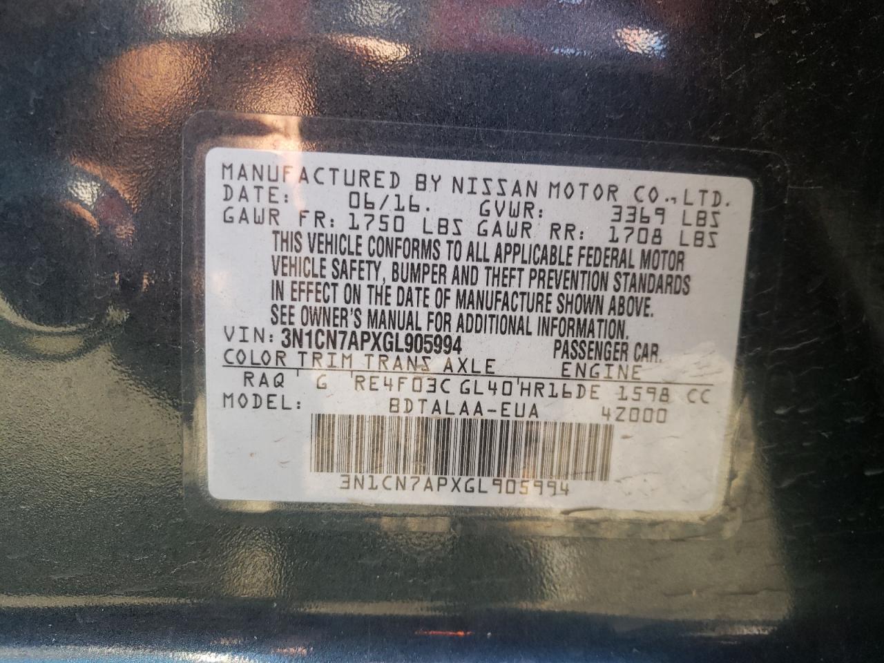 Photo 10 from auction – 2016 NISSAN VERSA S with VIN 3N1CN7APXGL905994