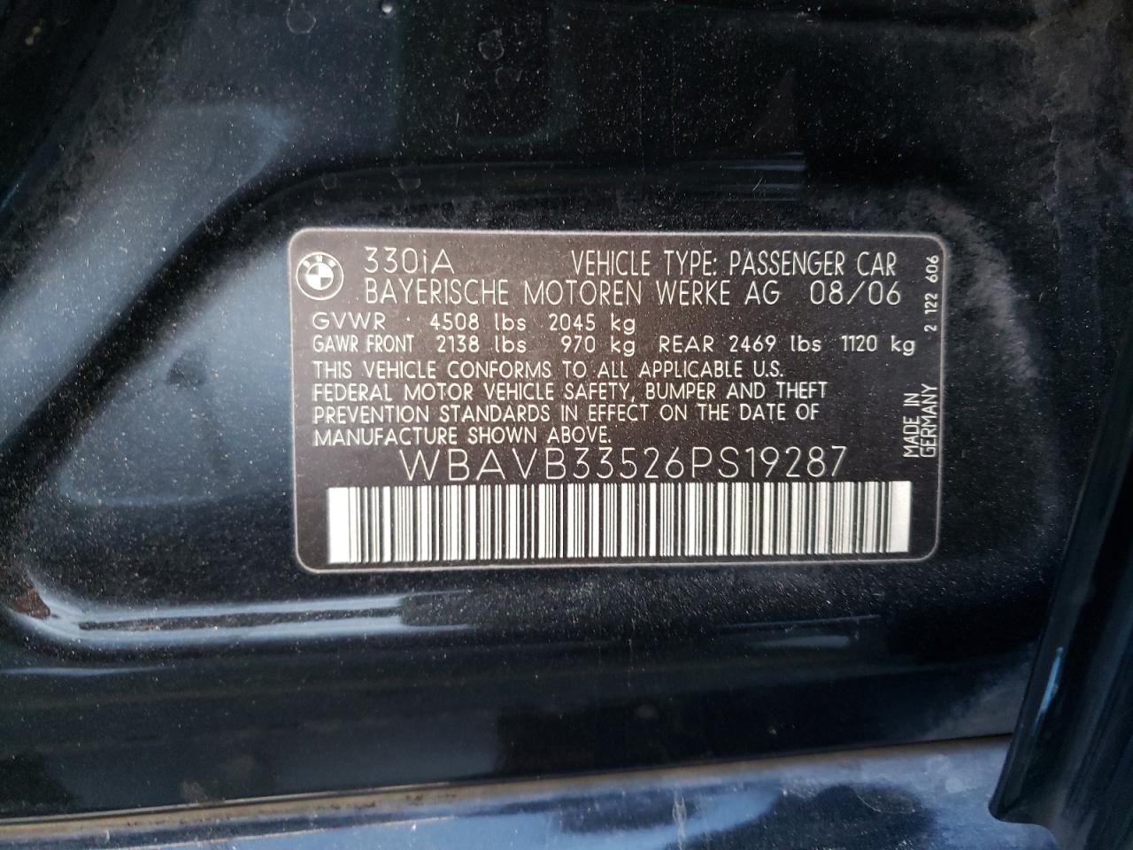 Photo 10 from auction – 2006 BMW 330 I with VIN WBAVB33526PS19287