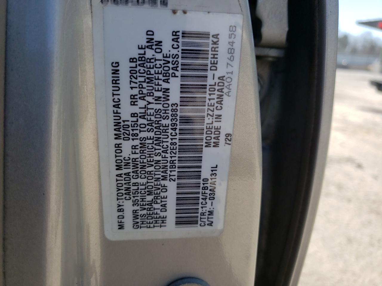 Photo 10 from auction – 2001 TOYOTA COROLLA CE with VIN 2T1BR12E81C493883