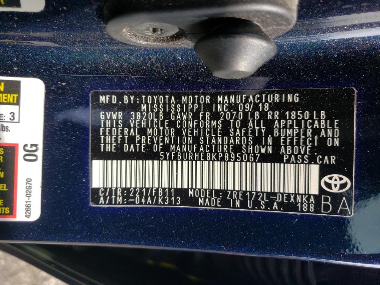 Photo 10 from auction – 2019 TOYOTA COROLLA L with VIN 5YFBURHE8KP895067