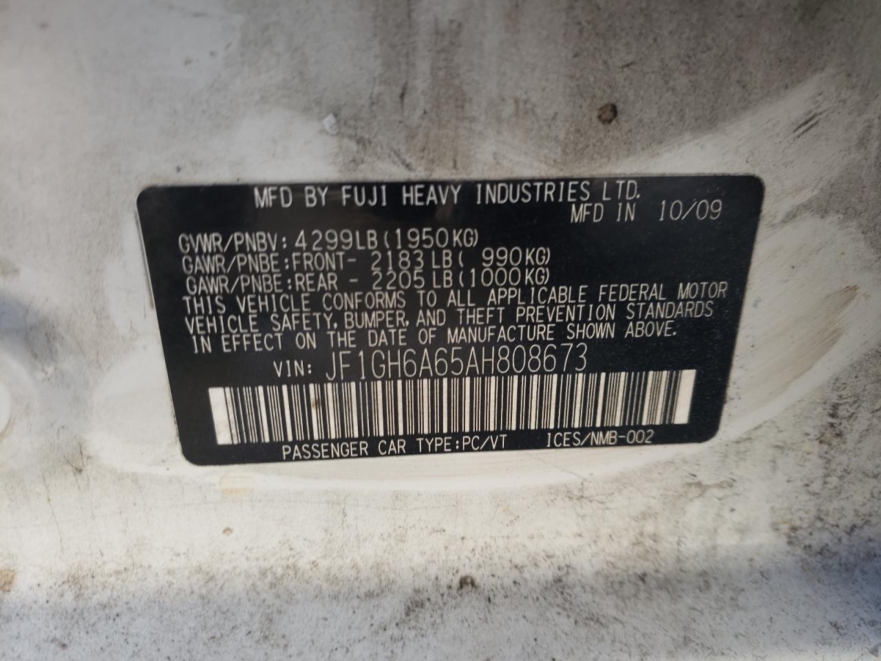 Photo 10 from auction – 2010 SUBARU IMPREZA with VIN JF1GH6A65AH808673