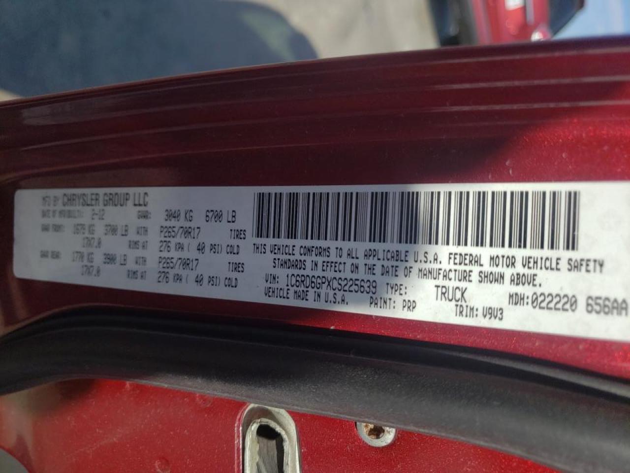 Photo 10 from auction – 2012 DODGE RAM 1500 S with VIN 1C6RD6GPXCS225639