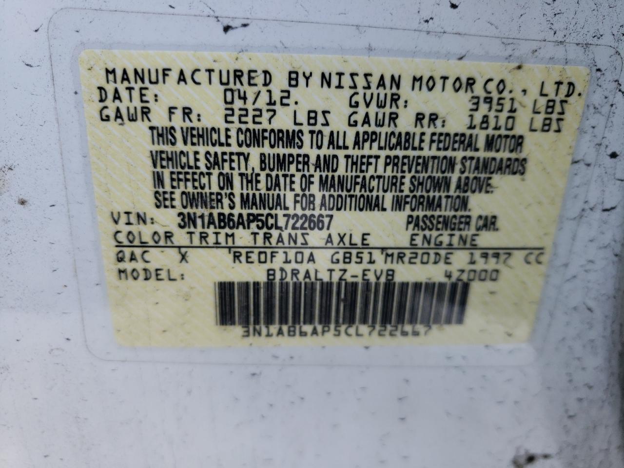 Photo 10 from auction – 2012 NISSAN SENTRA 2.0 with VIN 3N1AB6AP5CL722667