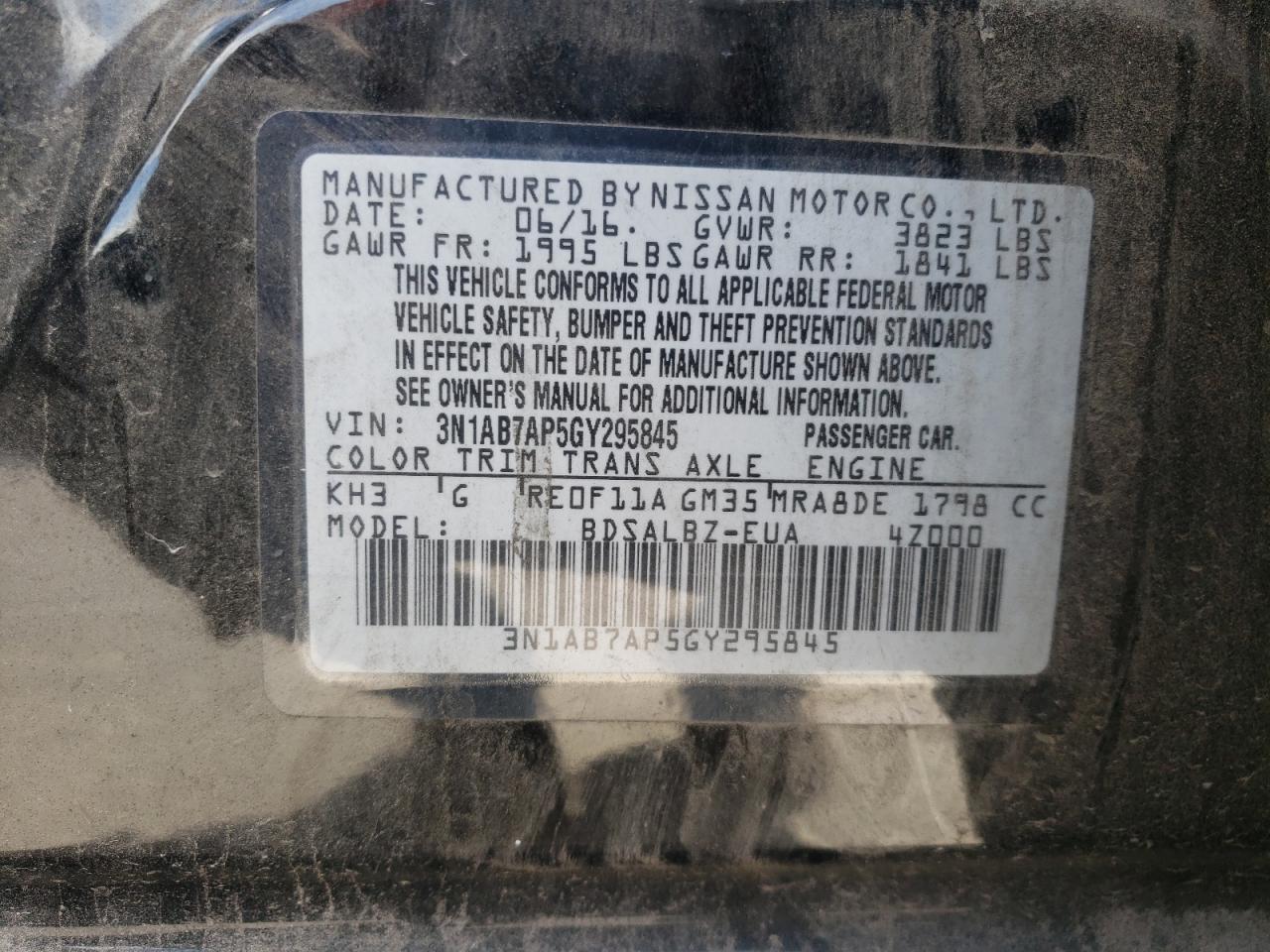 Photo 10 from auction – 2016 NISSAN SENTRA S with VIN 3N1AB7AP5GY295845
