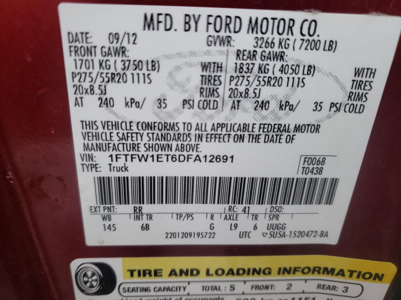 Photo 10 from auction – 2013 FORD F150 SUPER with VIN 1FTFW1ET6DFA12691