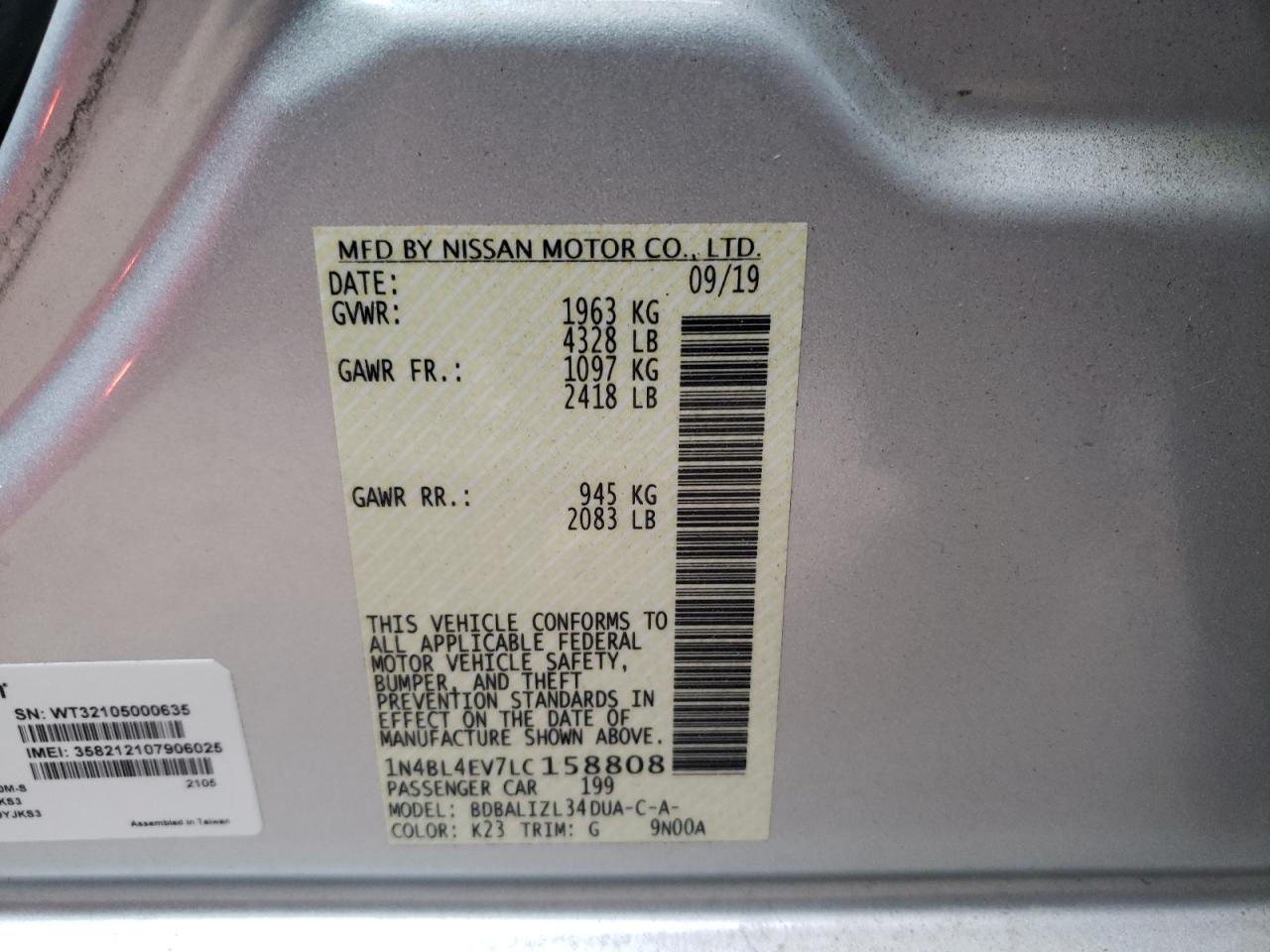 Photo 10 from auction – 2020 NISSAN ALTIMA SL with VIN 1N4BL4EV7LC158808