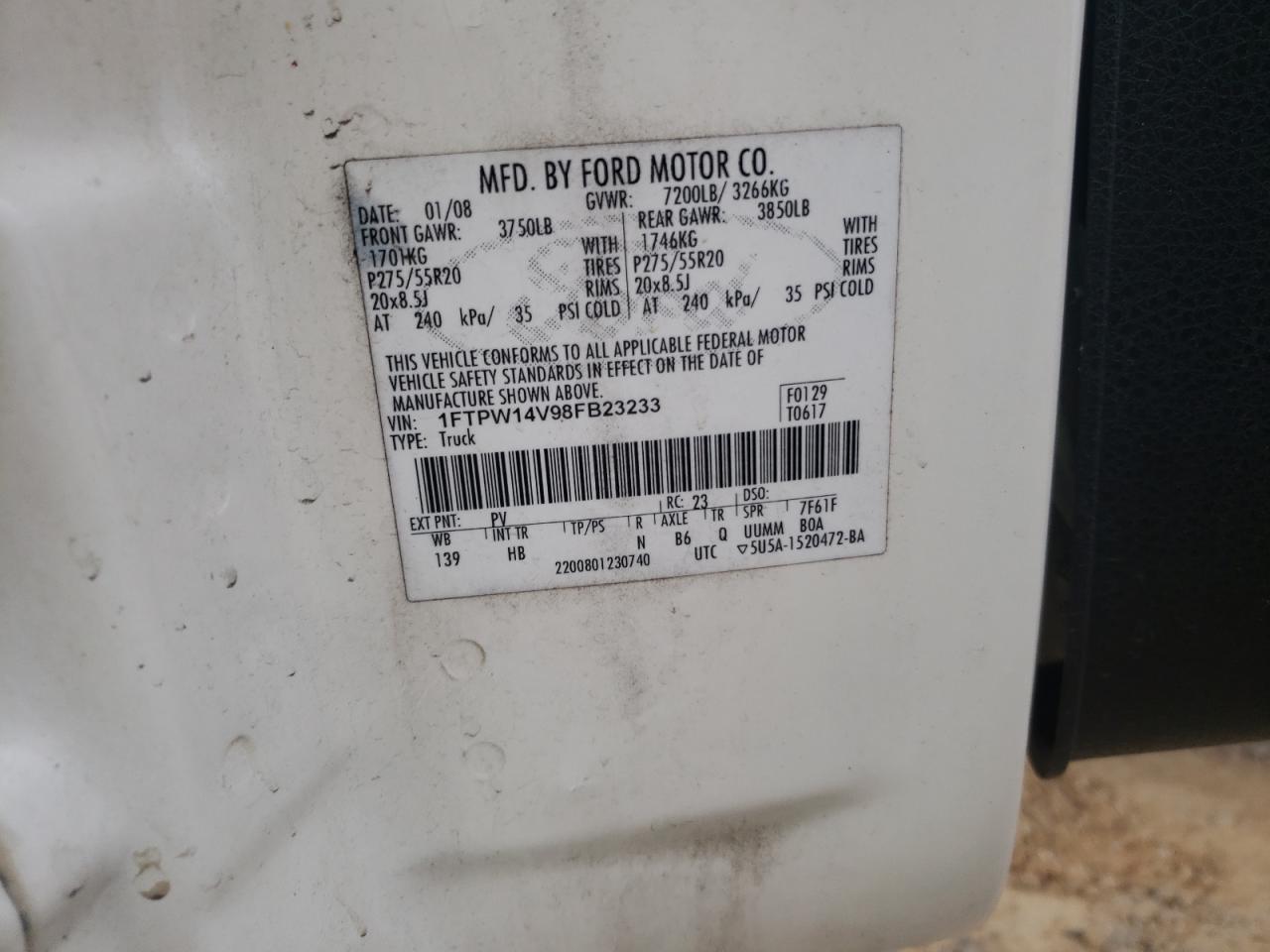 Photo 10 from auction – 2008 FORD F150 SUPER with VIN 1FTPW14V98FB23233