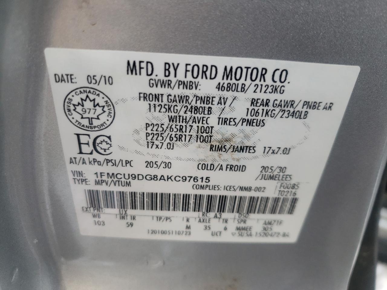 Photo 10 from auction – 2010 FORD ESCAPE XLT with VIN 1FMCU9DG8AKC97615