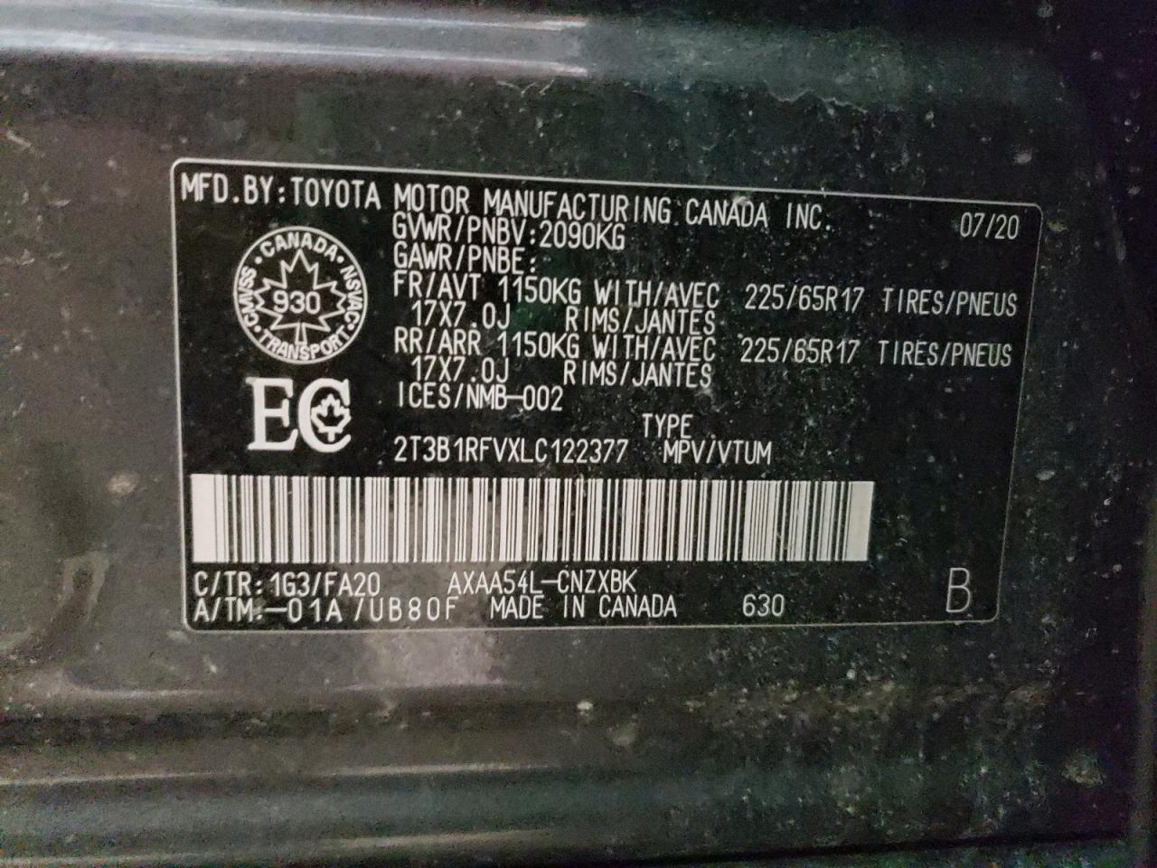 Photo 10 from auction – 2020 TOYOTA RAV4 LE with VIN 2T3B1RFVXLC122377