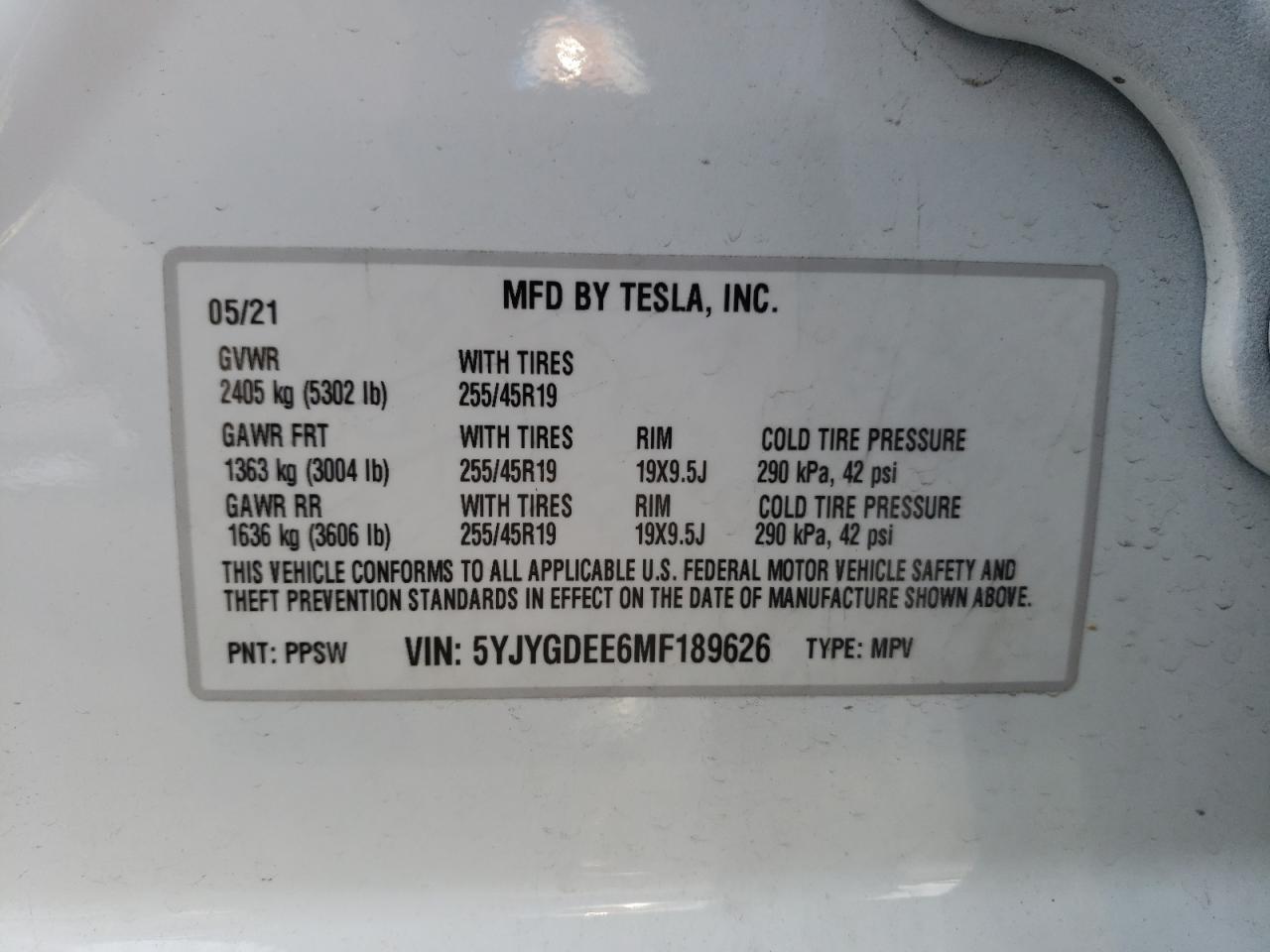 Photo 10 from auction – 2021 TESLA MODEL Y with VIN 5YJYGDEE6MF189626