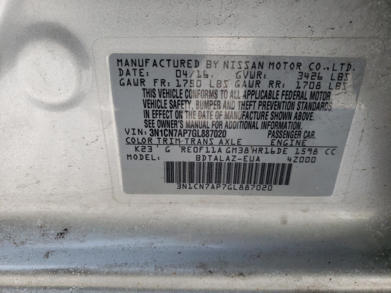 Photo 10 from auction – 2016 NISSAN VERSA S with VIN 3N1CN7AP7GL887020