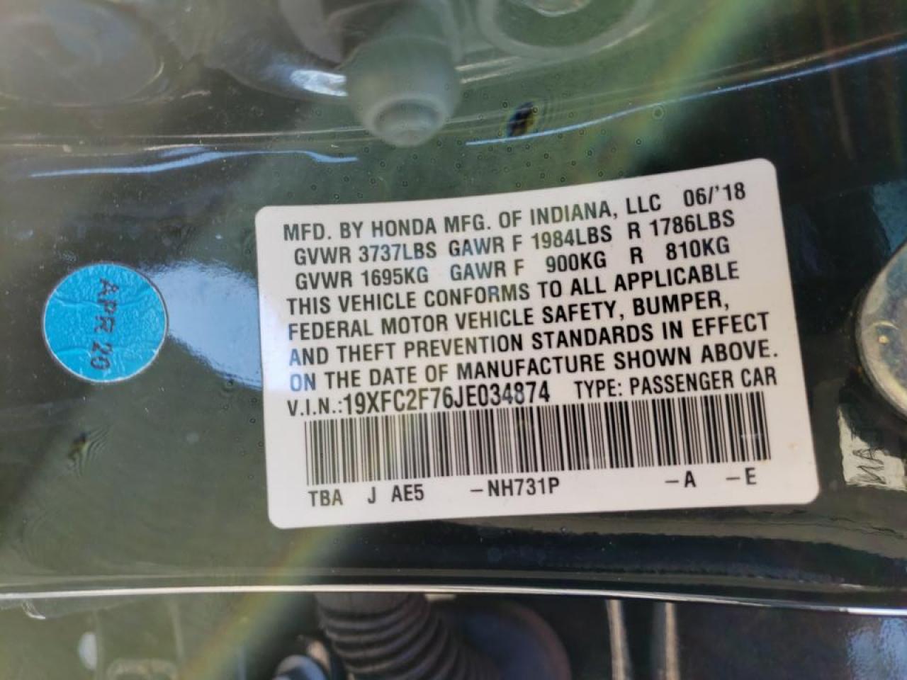Photo 10 from auction – 2018 HONDA CIVIC EX with VIN 19XFC2F76JE034874