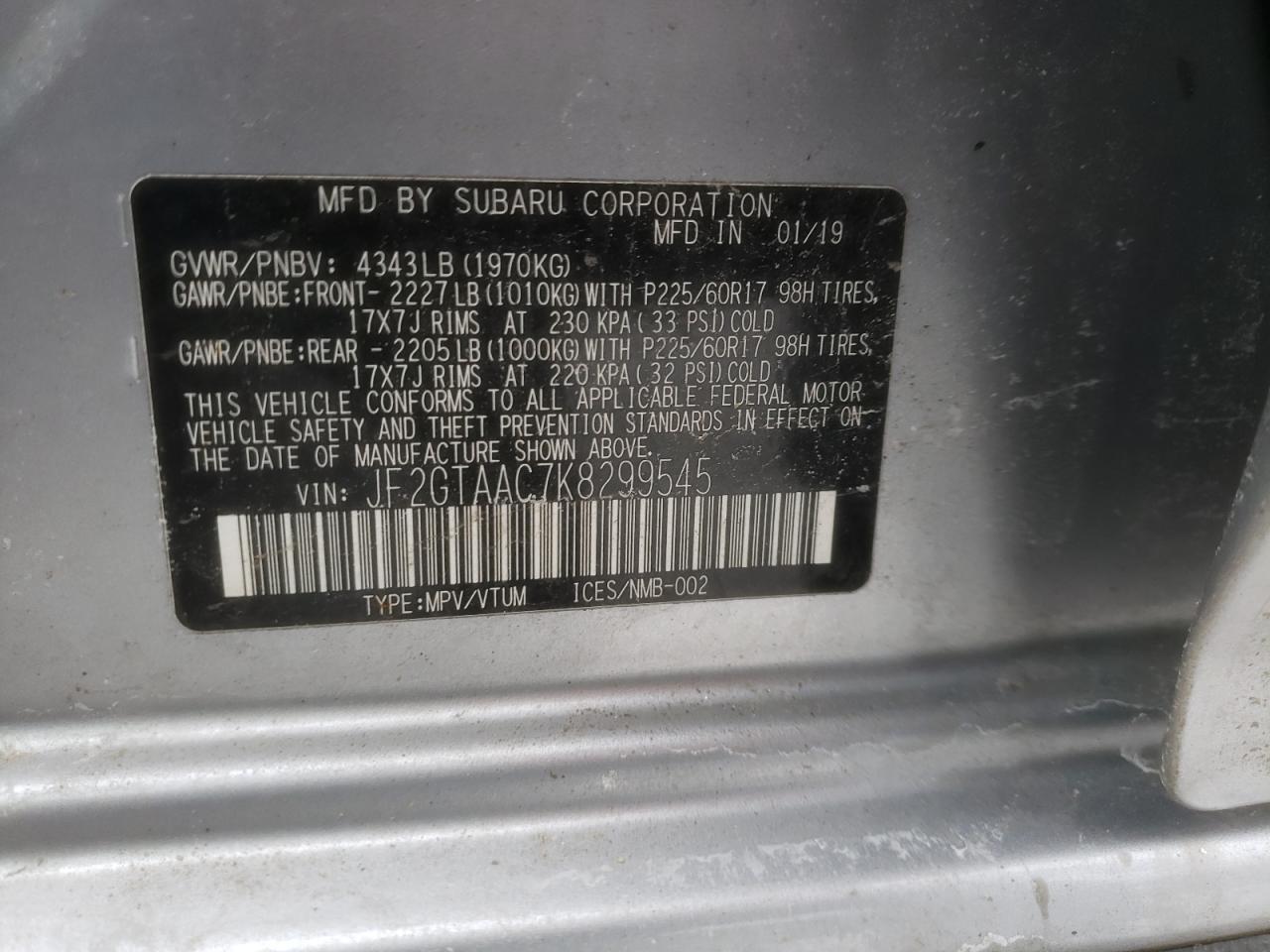 Photo 10 from auction – 2019 SUBARU CROSSTREK with VIN JF2GTAAC7K8299545
