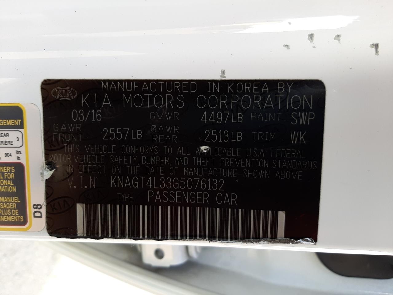 Photo 10 from auction – 2016 KIA OPTIMA LX with VIN KNAGT4L33G5076132