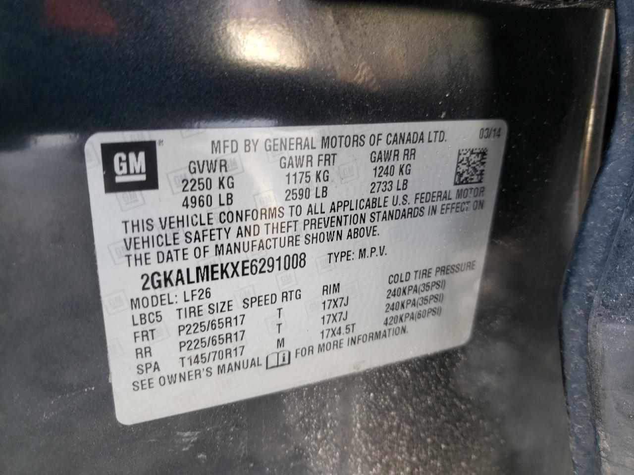 Photo 10 from auction – 2014 GMC TERRAIN SL with VIN 2GKALMEKXE6291008