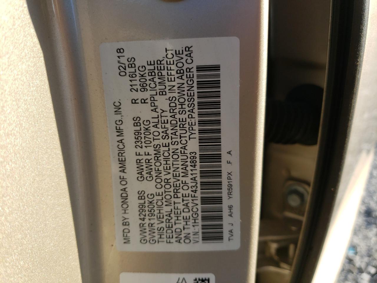 Photo 10 from auction – 2018 HONDA ACCORD with VIN 1HGCV1F43JA114893